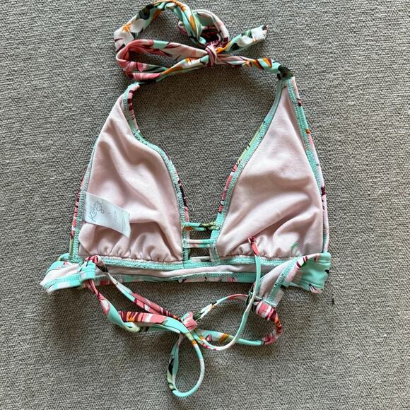 Kona Sol Floral Triangle Bikini Top Sz S Blue Pink Tie Back Swimwear - Picture 2 of 4